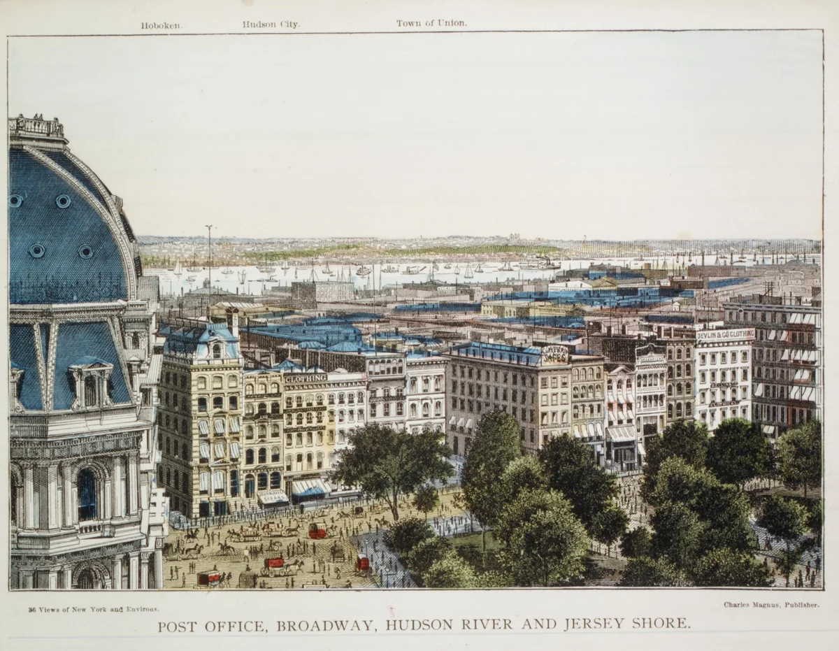 Post Office, Broadway, Hudson River and Jersey Shore by Charles Magnus & Company, print, 1878-1890