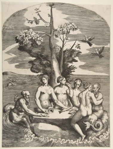 Two sea gods accompanied by four nymphs by Giulio Bonasone, print, 1531-1576