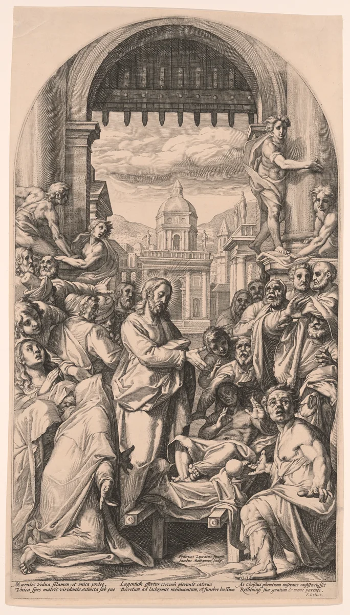 Christ Raises the Dead Son of the Widow of Nain by Jacob Matham, print, 1593-1594