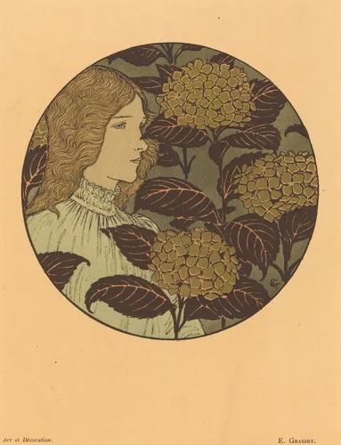 Roundel Portrait of a Girl by Eugène Grasset, print, 1841-1917