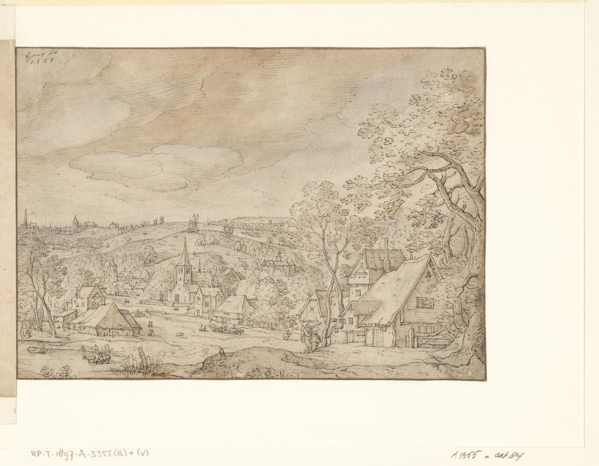 Gezicht op een stad gelegen tussen heuvels by Hans Bol, drawing, 1579