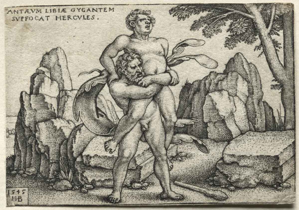 The Labors of Hercules: Hercules Crushing Antaeus by Hans Sebald Beham, print, 1545