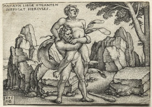 The Labors of Hercules: Hercules Crushing Antaeus by Hans Sebald Beham, print, 1545