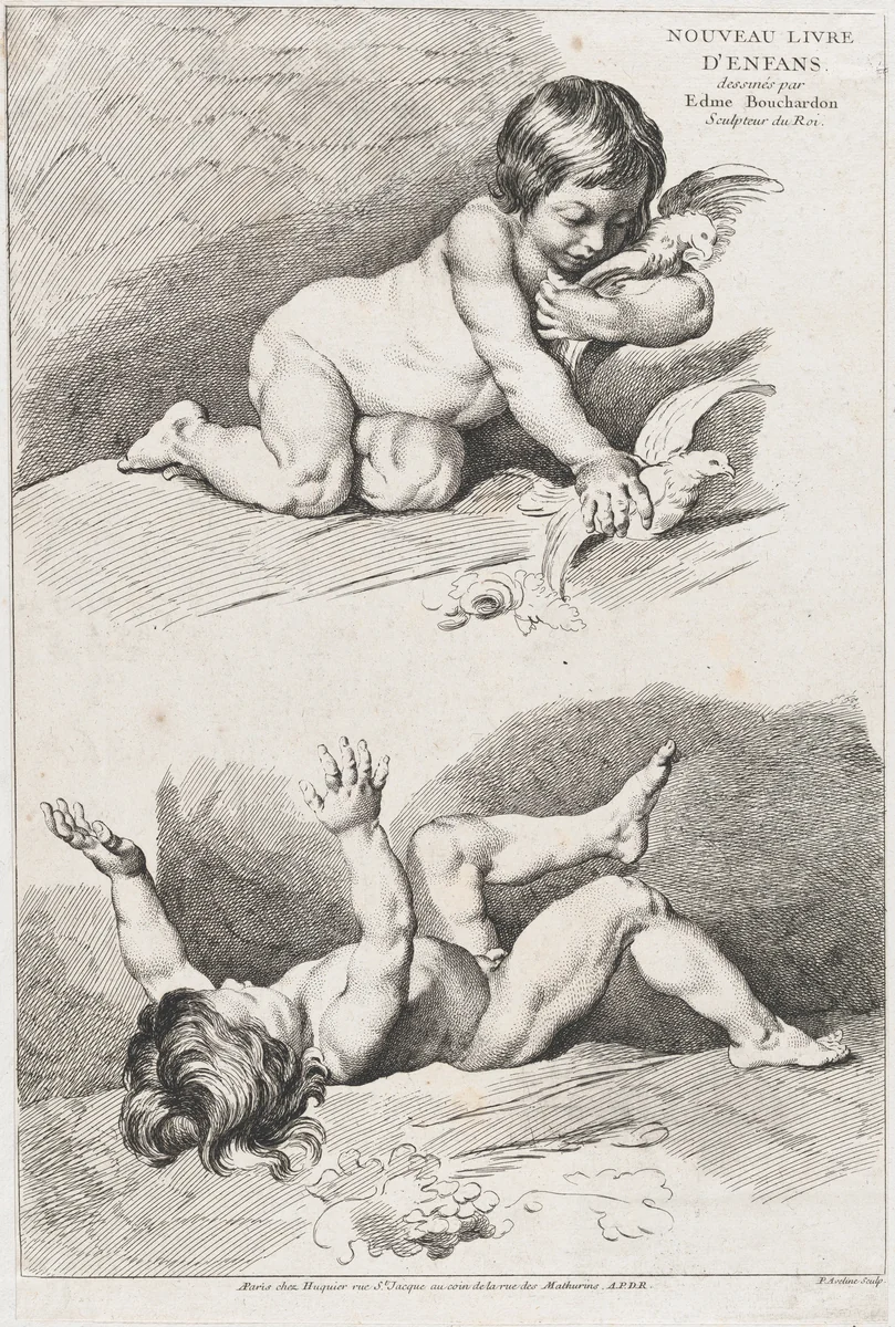 Two nude children playing with a leaf, from "New Book of Children" by Pierre Alexandre Aveline, print, 1720-1760