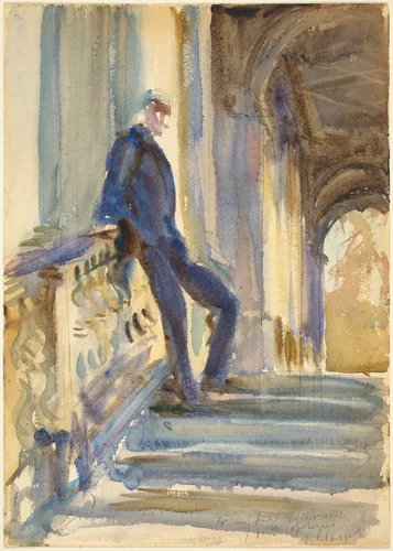 Sir Neville Wilkinson on the Steps of the Palladian Bridge at Wilton House by John Singer Sargent, drawing, 1904-1905
