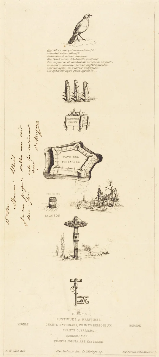 Rébus: "Béranger ne fut véritablement fort, car il n'eut jamais la clef des champs" (Rebus: "Beranger was not really strong, for he never had the key of the fields") by Charles Meryon, print, 1863