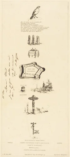 Rébus: "Béranger ne fut véritablement fort, car il n'eut jamais la clef des champs" (Rebus: "Beranger was not really strong, for he never had the key of the fields") by Charles Meryon, print, 1863
