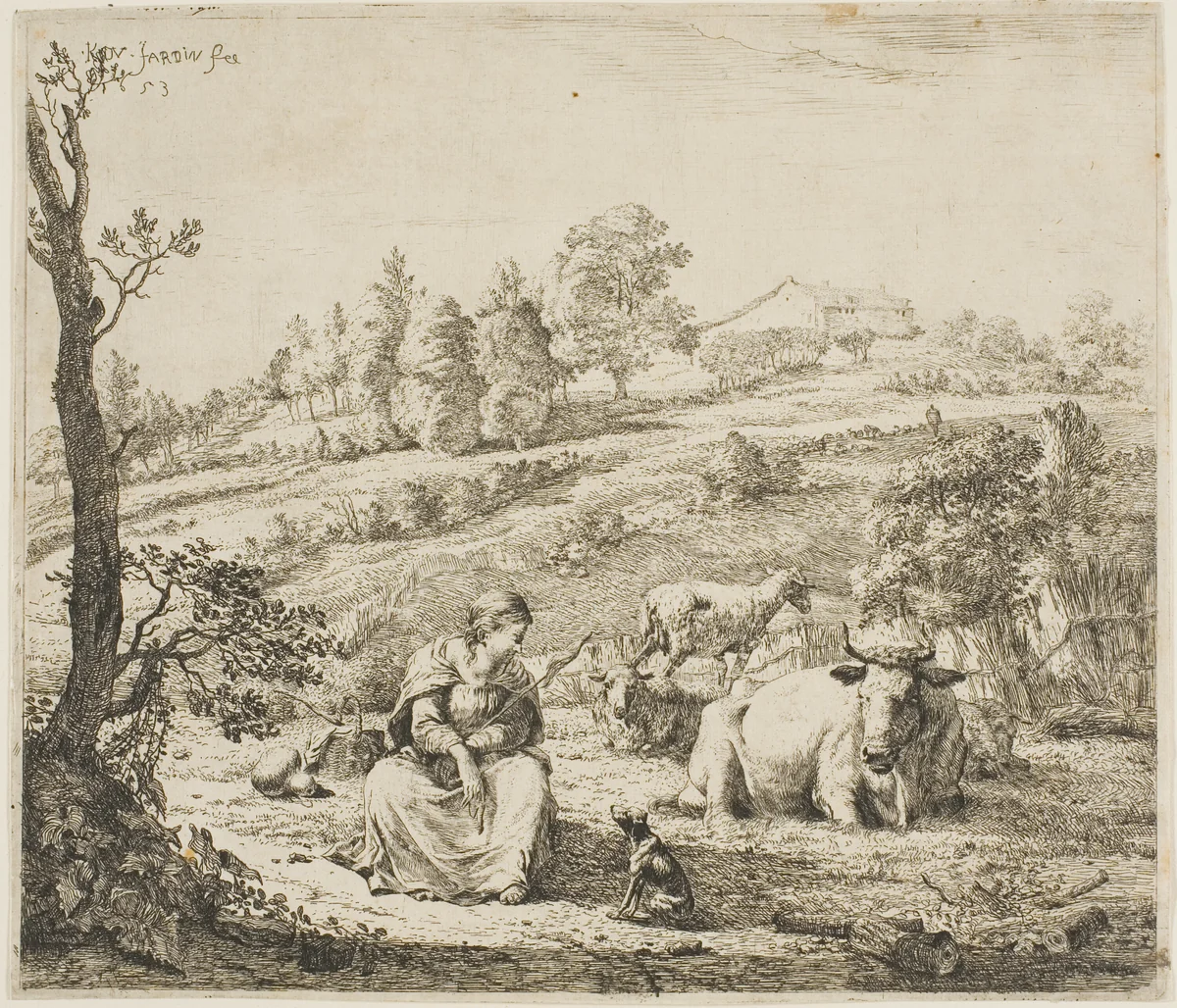 A Shepherdess Speaking to Her Dog by Karel Dujardin, print, 1653