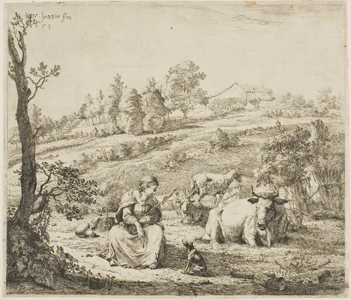 A Shepherdess Speaking to Her Dog by Karel Dujardin, print, 1653