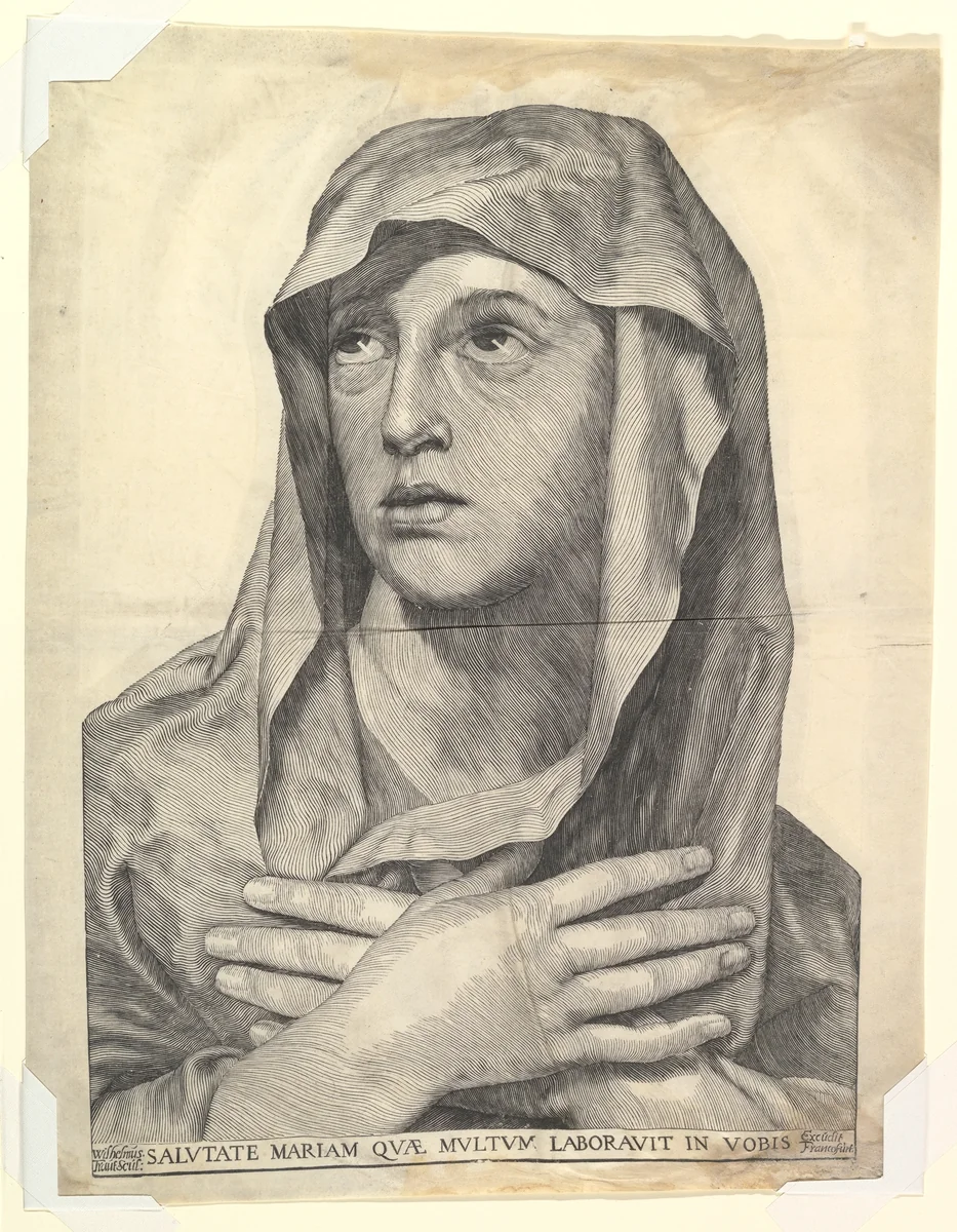 Bust of Mary with Crossed Hands by Wilhelm Traut, print, 1610-1662
