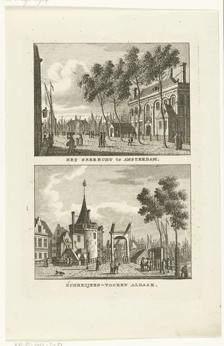 Twee stadsgezichten te Amsterdam: Zeerecht en Schreierstoren by Carel Frederik Bendorp, print, 1786-1792