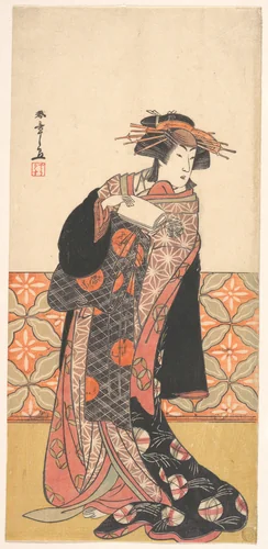 Nakamura Riko as Richly Clad Courtesan Standing in a Room by Katsukawa Shunshô (勝川春章), print, 1776-1780