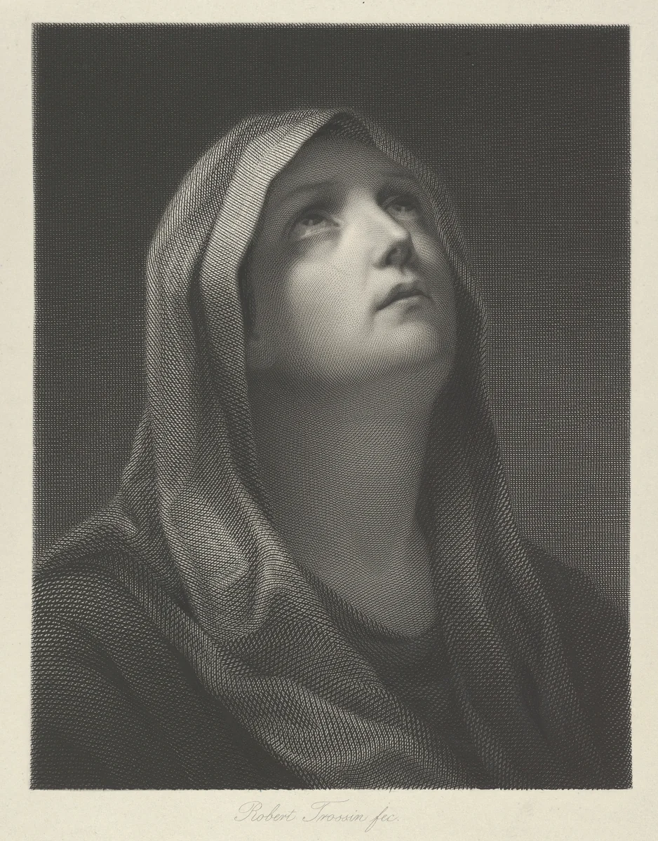 Head of the Virgin looking up to the right, after Reni by Robert Trossin, print, 1869
