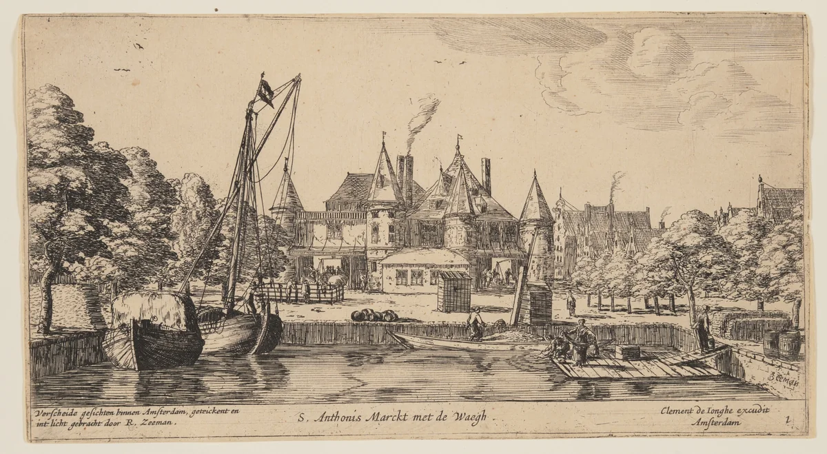 S. Anthonis Marckt met de Waegh, from Views of Amsterdam by Reinier Nooms, print, 1660