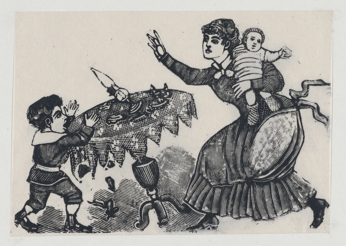 A child tipping over a table, his mother rushing to stop him by José Guadalupe Posada, print, 1885-1895