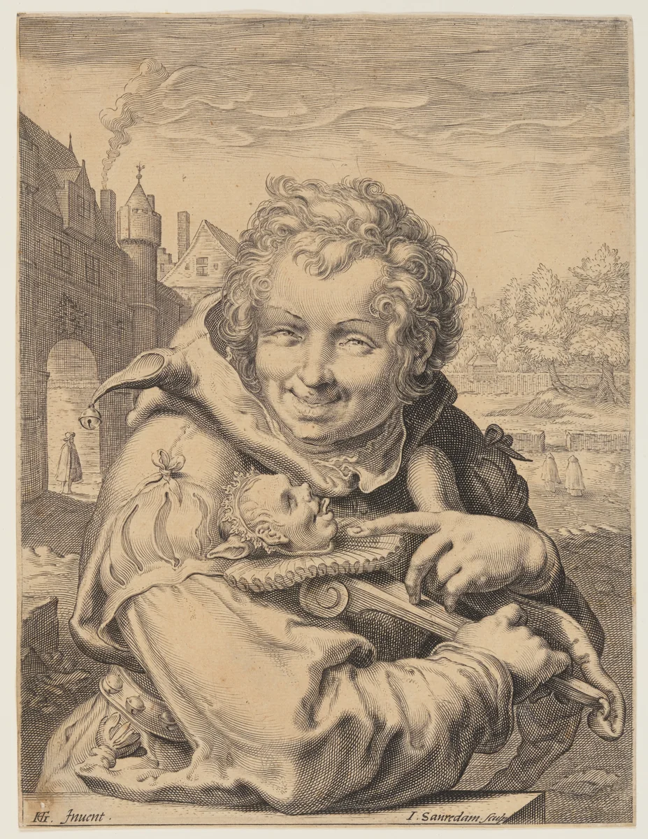 Fool Holding a Staff by Jan Saenredam, print, 1595