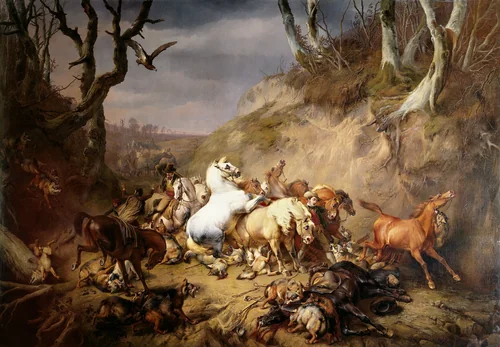 Hungry Wolves Attacking a Party of Riders by Eugène Verboeckhoven, painting, 1836
