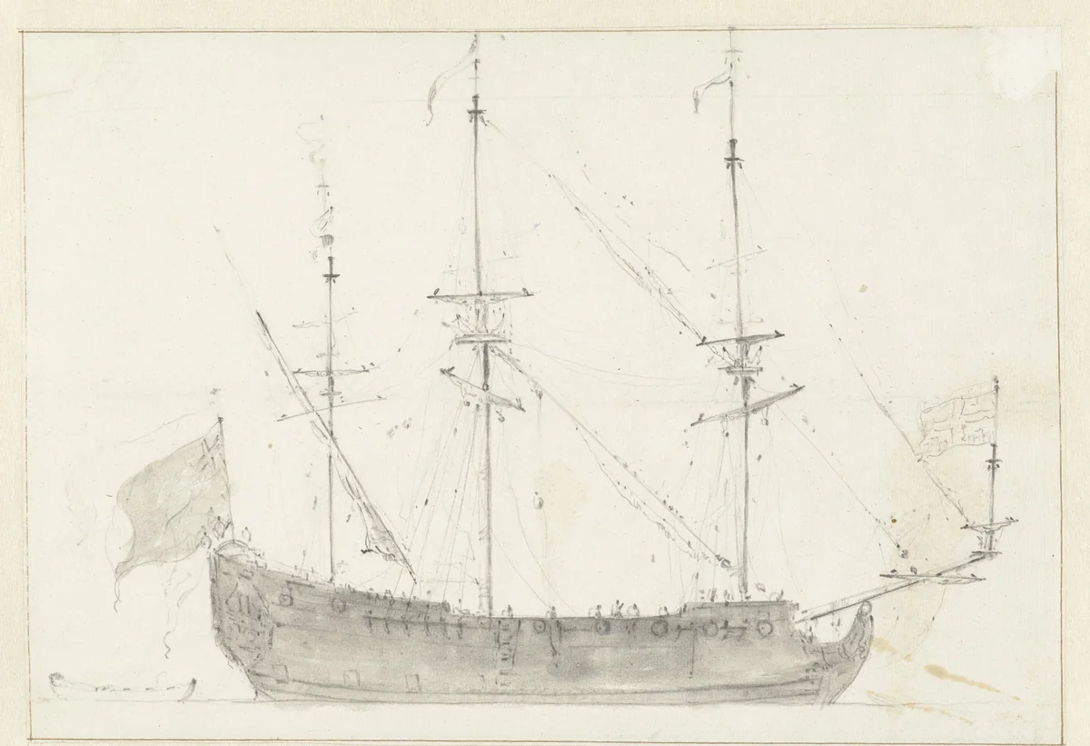 Groot zeilschip van opzij gezien by Willem van de Velde, drawing, 1643-1707