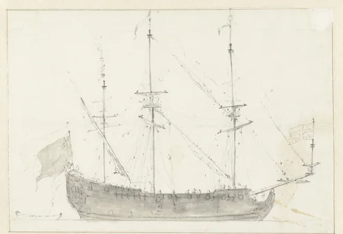 Groot zeilschip van opzij gezien by Willem van de Velde, drawing, 1643-1707