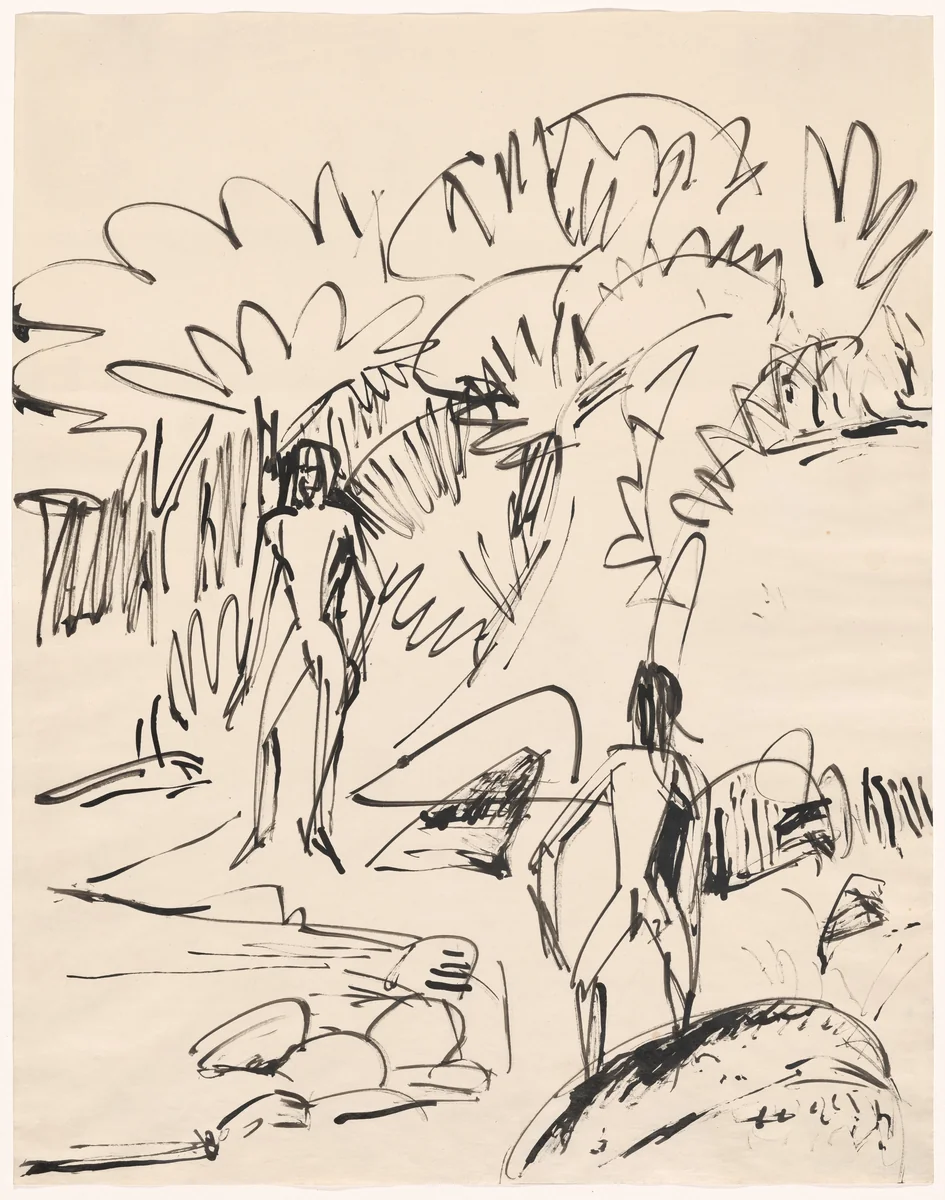 Two Bathers on the Fehmarn Coast (Zwei Badende am hoher Fehmarnküste) by Ernst Ludwig Kirchner, drawing, 1912