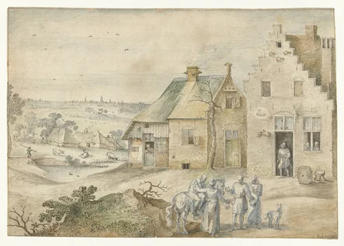 Landschap met de barmhartige Samaritaan by Jacob Grimmer, drawing, 1536-1592
