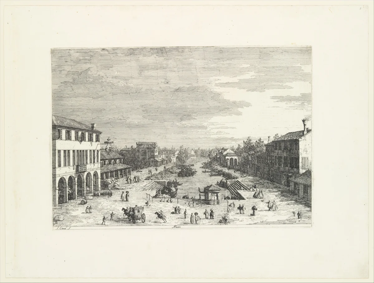 View of Mestre, an inn at left and other various buildings lining the canal, from "Views" (Vedute altre prese da i luoghi altre ideate da Antonio Canal) by Canaletto, print, 1735-1746