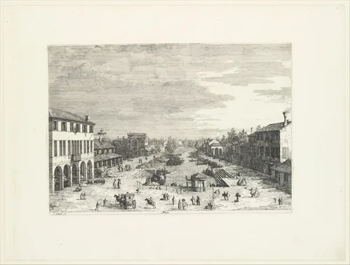 View of Mestre, an inn at left and other various buildings lining the canal, from "Views" (Vedute altre prese da i luoghi altre ideate da Antonio Canal) by Canaletto, print, 1735-1746