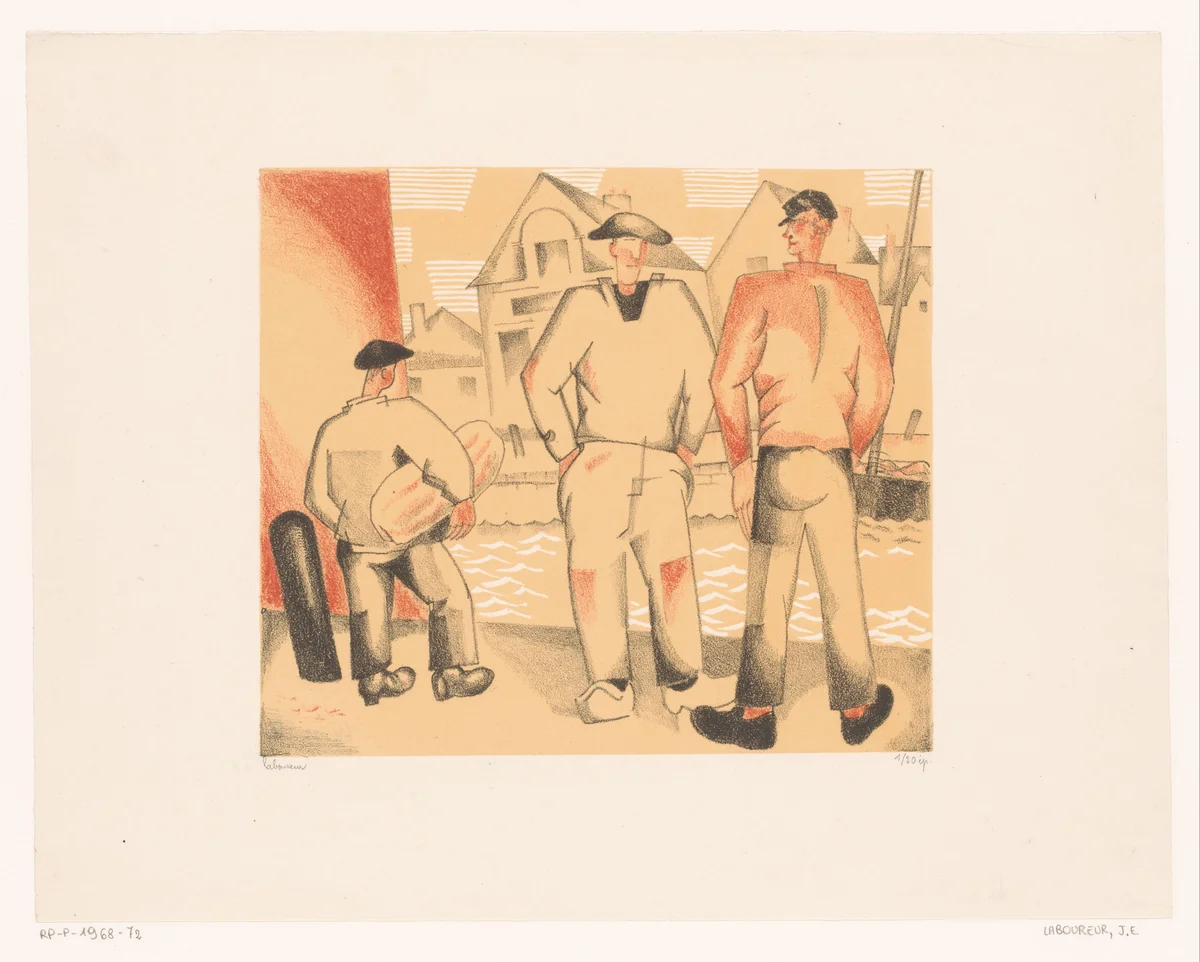 Drie vissers aan de kade by Jean Emile Laboureur, print, 1924