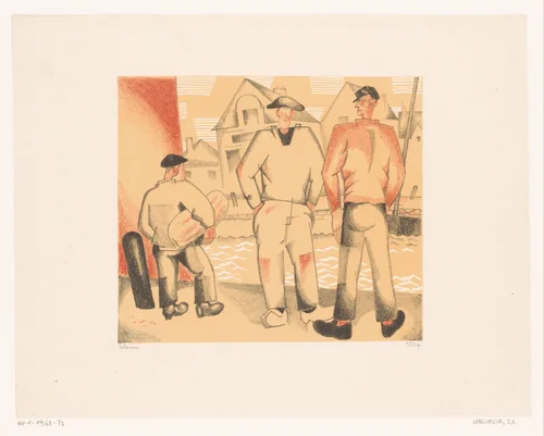 Drie vissers aan de kade by Jean Emile Laboureur, print, 1924