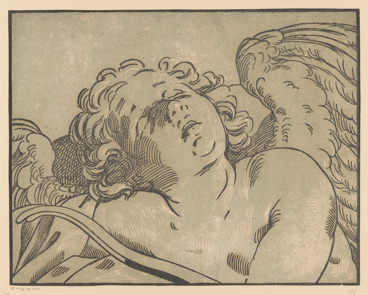 Slapende Amor by Bartolommeo Coriolano, print, 1609-1676