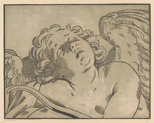 Slapende Amor by Bartolommeo Coriolano, print, 1609-1676