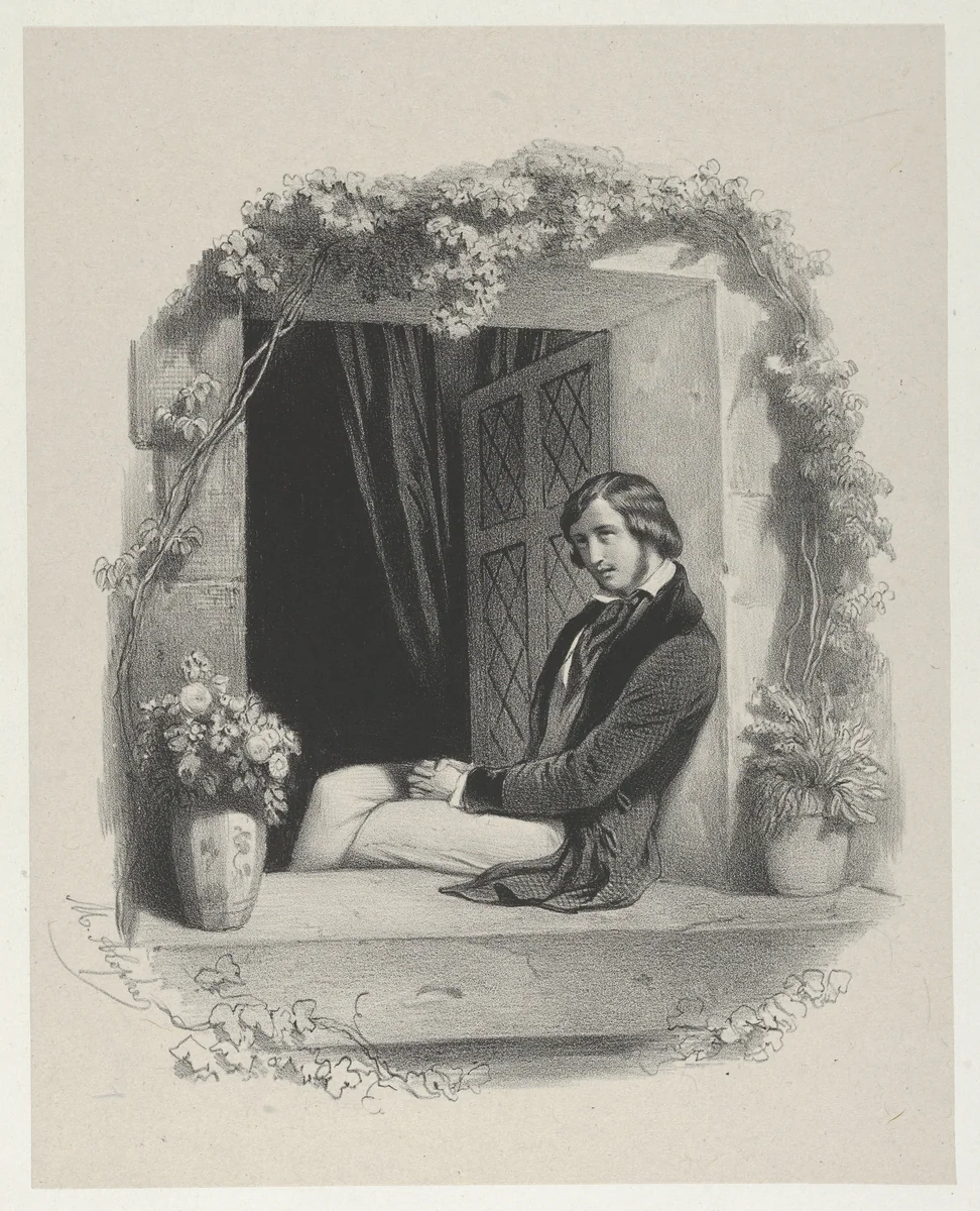 Melancholy, young man with folded hands sitting on window sill by Marie Alexandre Alophe, print, 1812-1883