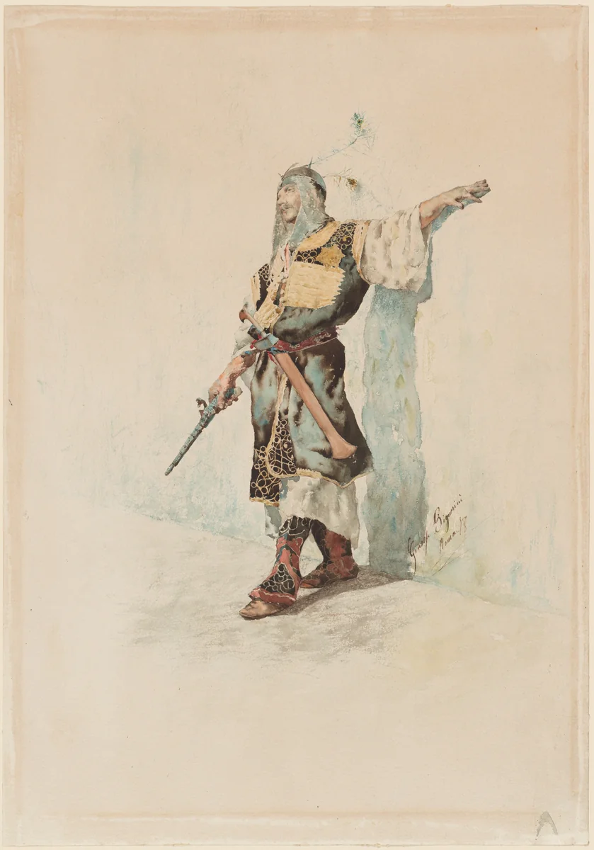 A Moorish Soldier before a Sunlit Wall by Giuseppe Signorini, drawing, 1878
