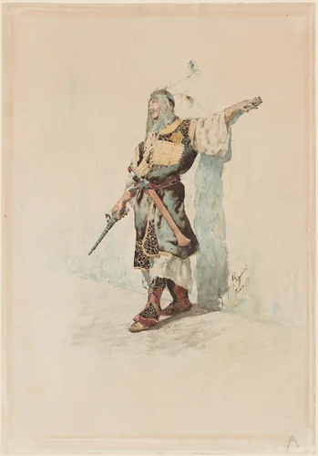 A Moorish Soldier before a Sunlit Wall by Giuseppe Signorini, drawing, 1878