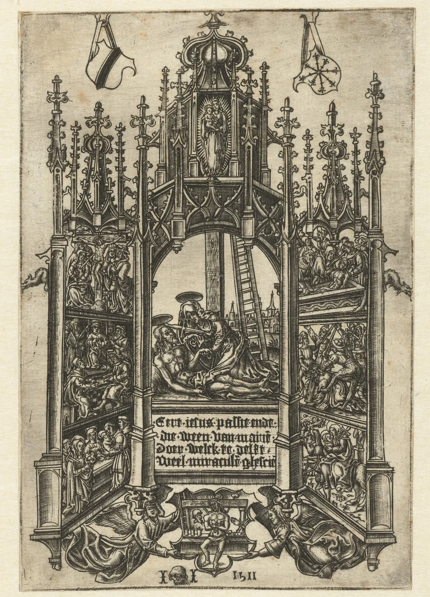 De bewening van Christus in een schrijn met de andere zes smarten van Maria by Unknown, print, 1511