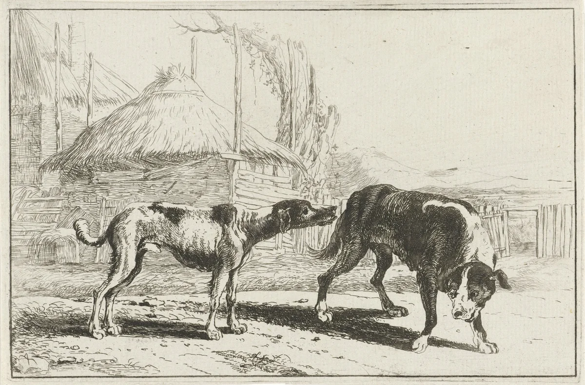 Reu en teef by Jan van den Hecke, print, 1656
