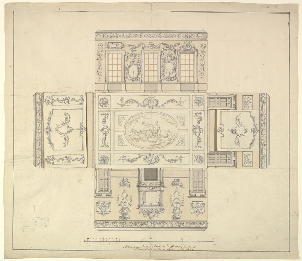 Dining Room at Kirtlington Park, Oxfordshire by John Sanderson, drawing, 1742-1753