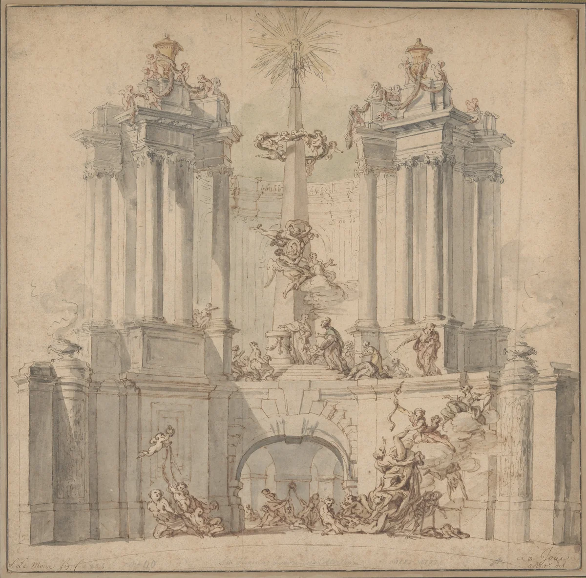 Fireworks Display for the Convalescence of Louis XV by Jacques de Lajoüe, drawing, 1726
