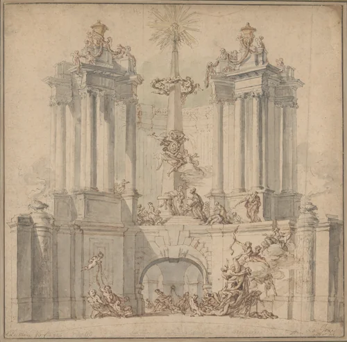 Fireworks Display for the Convalescence of Louis XV by Jacques de Lajoüe, drawing, 1726