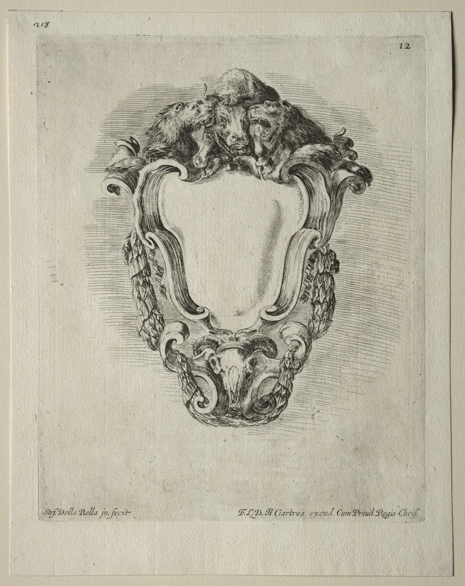 Collection of Various Caprices and New Designs of Cartouches and Ornaments: No 12 by Stefano della Bella, print, 1646