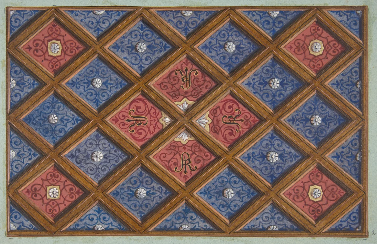 Design for a coffered ceiling with painted initials: SRI (?) by Jules-Edmond-Charles Lachaise, drawing, 1840-1897