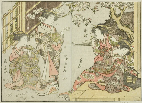 Courtesans of the Asahimaruya, from the book "Mirror of Beautiful Women of the Pleasure Quarters (Seiro bijin awase sugata kagami)," vol. 1 by Katsukawa Shunsho (勝川 春章), print, 1776