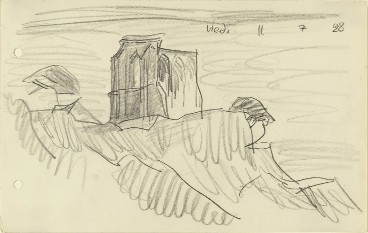Ruin on Cliff with Two Trees by Lyonel Feininger, drawing, 1928