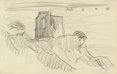 Ruin on Cliff with Two Trees by Lyonel Feininger, drawing, 1928