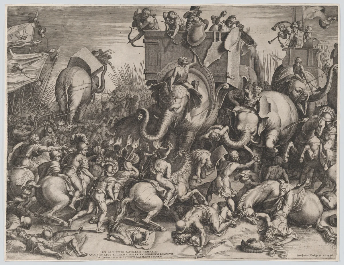The Battle Between Scipio and Hannibal at Zama by Cornelis Cort, print, 1550-1578