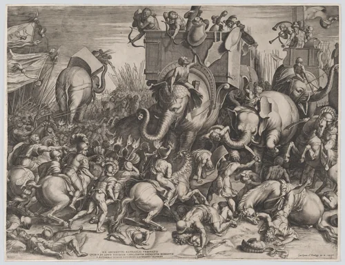 The Battle Between Scipio and Hannibal at Zama by Cornelis Cort, print, 1550-1578