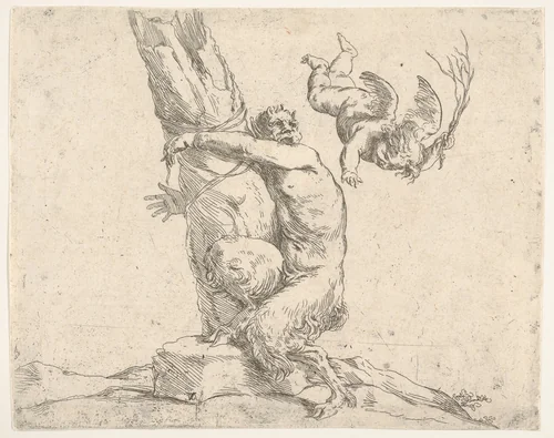 A winged putto flogging a satyr tied to a tree by Jusepe de Ribera, print, 1620-1630