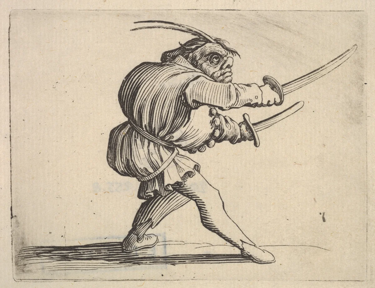 Masked small figure with a sword in both hands, in profile view, striding to the right, from "Varie Figure Gobbi" by Jacques Callot, print, 1621-1625