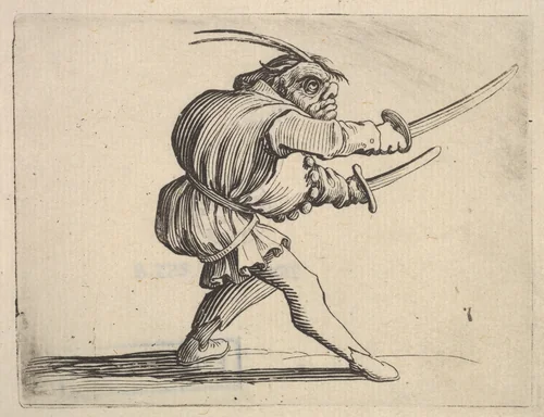Masked small figure with a sword in both hands, in profile view, striding to the right, from "Varie Figure Gobbi" by Jacques Callot, print, 1621-1625