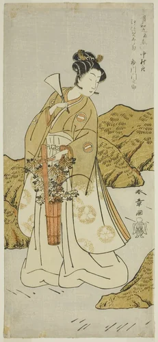 The Actor Ichikawa Monnosuke II as Shira-giku, a Temple Page, In the Play Haru wa Soga Akebono-zoshi, Performed at the Nakamura Theater in the First Month, 1772 by Katsukawa Shunsho (勝川 春章), print, 1767-1777